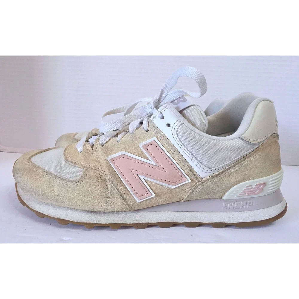 New Balance 574 Tan Cream Pink Suede Mesh Sneakers SZ 8 Mild Discolor on Suede
